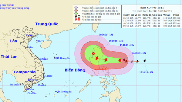 Bão Koppu giật cấp 17 tiến về biển Đông