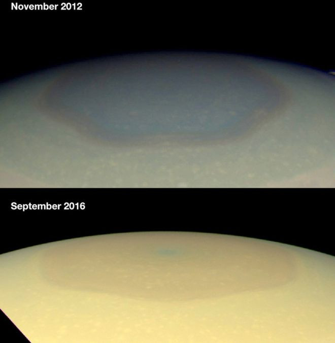 Đám mây lục giác trên sao Thổ chuyển màu vàng khi giao mùa