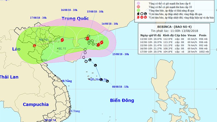 Áp thấp nhiệt đới trên biển Đông mạnh lên thành bão - cơn bão Bebinca