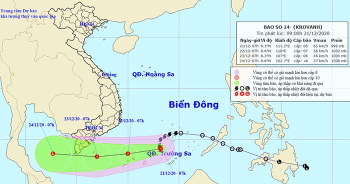 Áp thấp mạnh lên thành bão số 14 cách Huyền Trân 280km, biển phía Nam sóng cao từ 5m - 8m