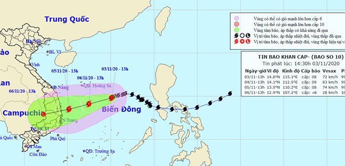 Bão Goni (cơn bão số 10) tiến gần quần đảo Hoàng Sa, sẽ vào đất liền từ Quảng Ngãi đến Khánh Hòa