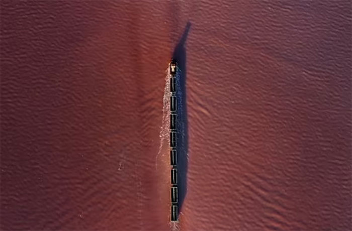 Cảnh đẹp siêu thực đoàn tàu di chuyển trên mặt nước màu hồng tại Nga