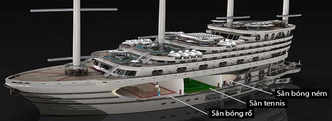 Concept siêu thuyền buồm khổng lồ chứa cả bể bơi, sân bóng