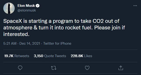 Elon Musk “nhá hàng” dự án biến CO2 trong khí quyển thành nhiên liệu tên lửa