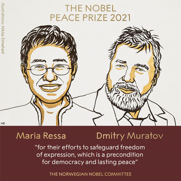 Giải Nobel Hòa bình 2021 vinh danh hai nhà báo Philippines và Nga