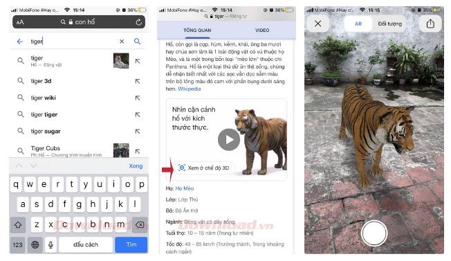 Hướng dẫn xem hình 3D con vật sư tử, mèo, chó, ngựa, cá mập... trên Google