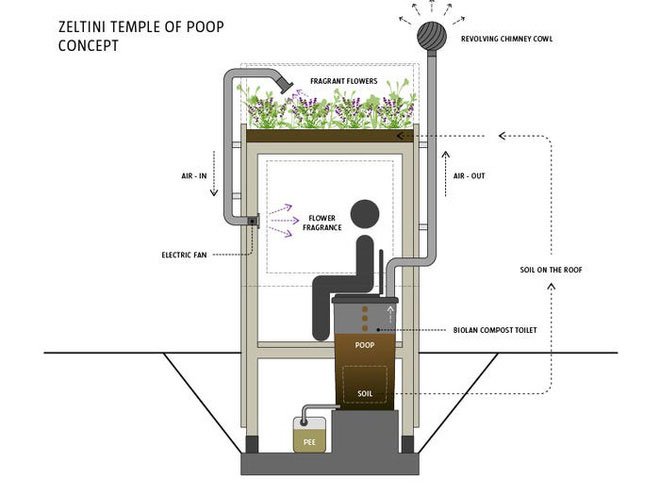 Nhà vệ sinh dùng phân để trồng hoa trên mái, rồi dẫn hương hoa vào cho người đang ngồi bên trong ngửi