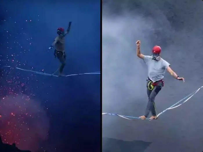 Phá vỡ kỷ lục Guinness đi bộ trên dây qua miệng núi lửa đang hoạt động