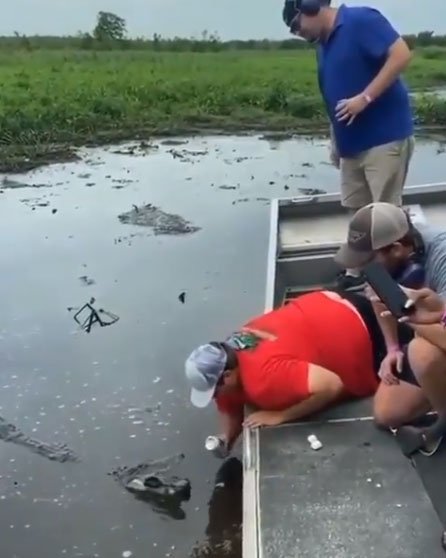 Video gây choáng váng: Người đàn ông liều lĩnh dùng miệng cá sấu mở lon bia